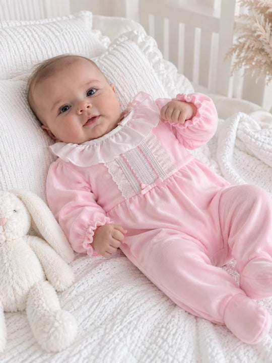 Pex 'Hannah' pink velour frill collar sleepsuit