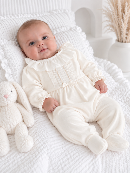 Pex 'Hannah' ivory velour frill collar sleepsuit