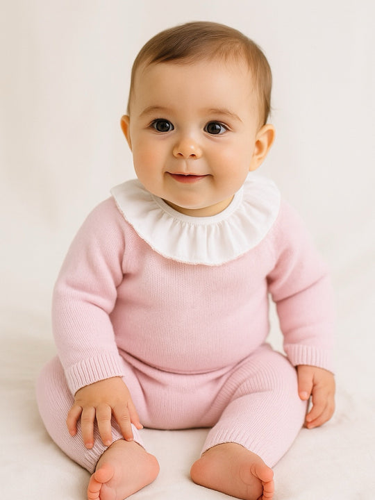 Merino Wool Baby Pink Frill Collar Romper