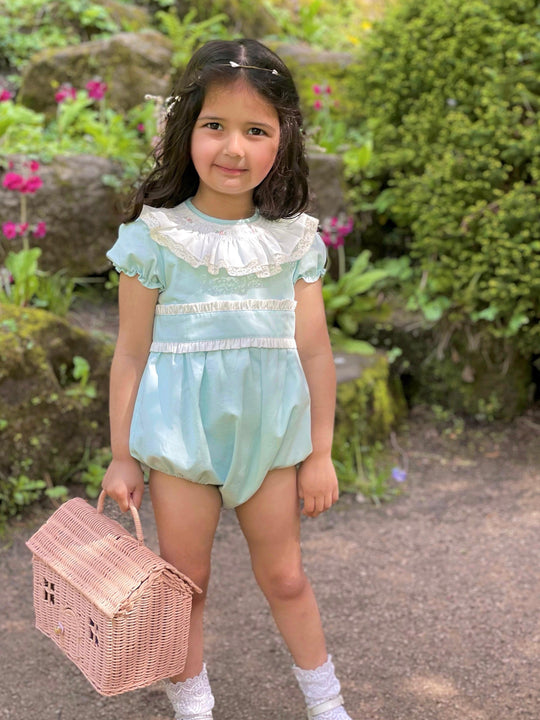 'Eva' Mint Green Embroidered & frill romper
