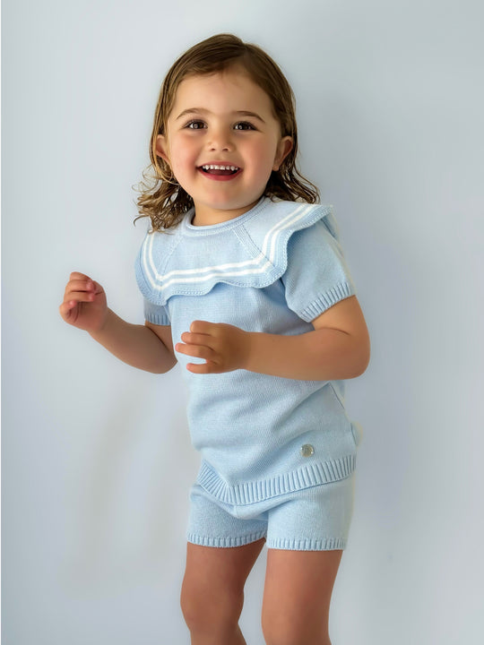 'Harry' Blue & white knitted short set with sailor collar
