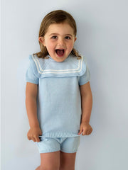 'Harry' Blue & white knitted short set with sailor collar