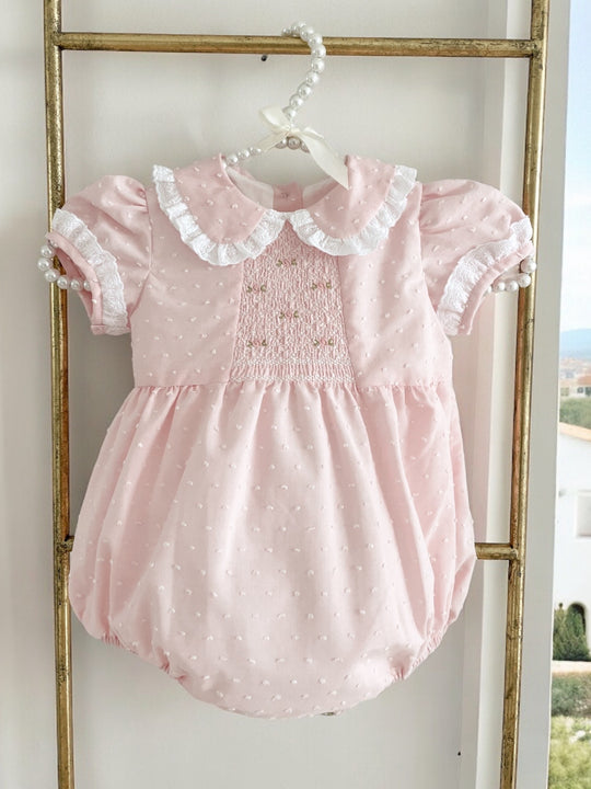 Fofettes pink swiss dot embroidered romper