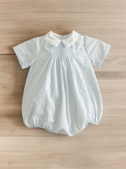 Fofettes blue swiss dot peter pan collar romper