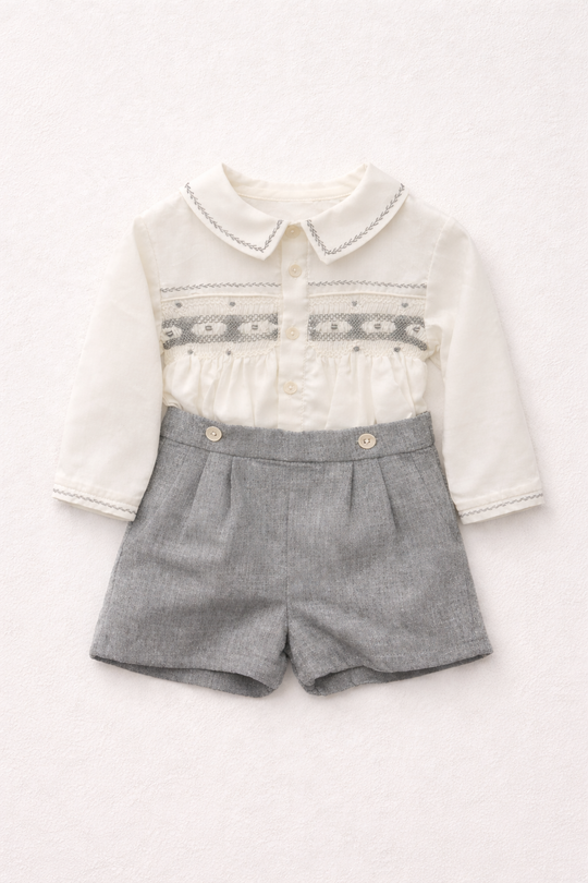 Sarah Louise x Rose and Albert Grey & white smocked set