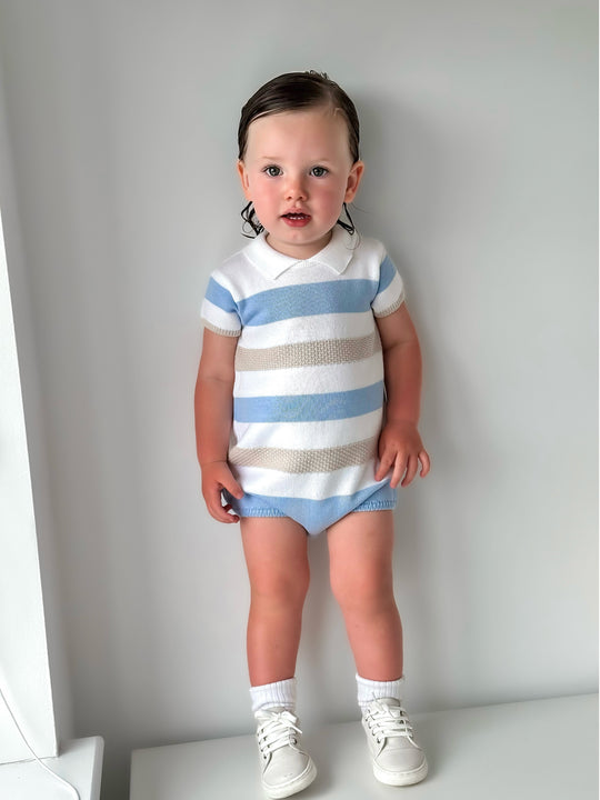 'Otto' blue stripe knitted romper with polo collar