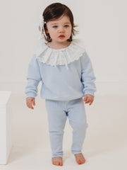 Maeve Blue broiderie anglais frill collar top & ribbed legging set - Rose & Albert