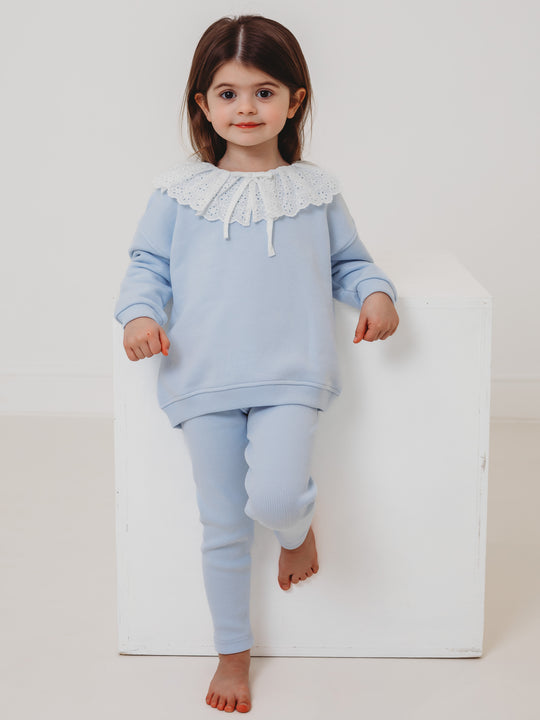 Maeve Blue broiderie anglais frill collar top & ribbed legging set