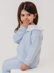 Maeve Blue broiderie anglais frill collar top & ribbed legging set - Rose & Albert