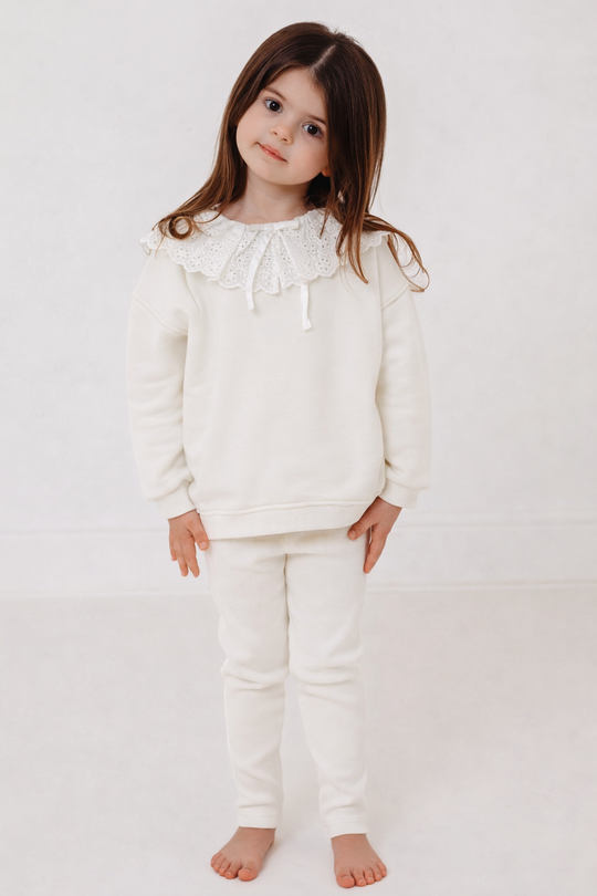 Maeve Ivory broiderie anglais frill collar top & ribbed legging set