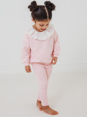 Maeve Pink broiderie anglais frill collar top & ribbed legging set