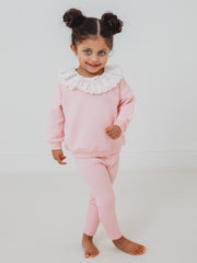 Maeve Pink broiderie anglais frill collar top & ribbed legging set
