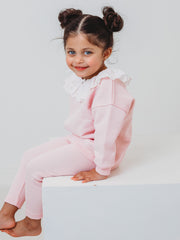 Maeve Pink broiderie anglais frill collar top & ribbed legging set