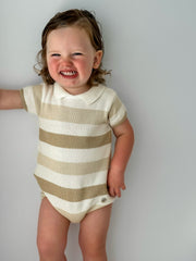 'Miles' beige stripe knitted romper with polo collar