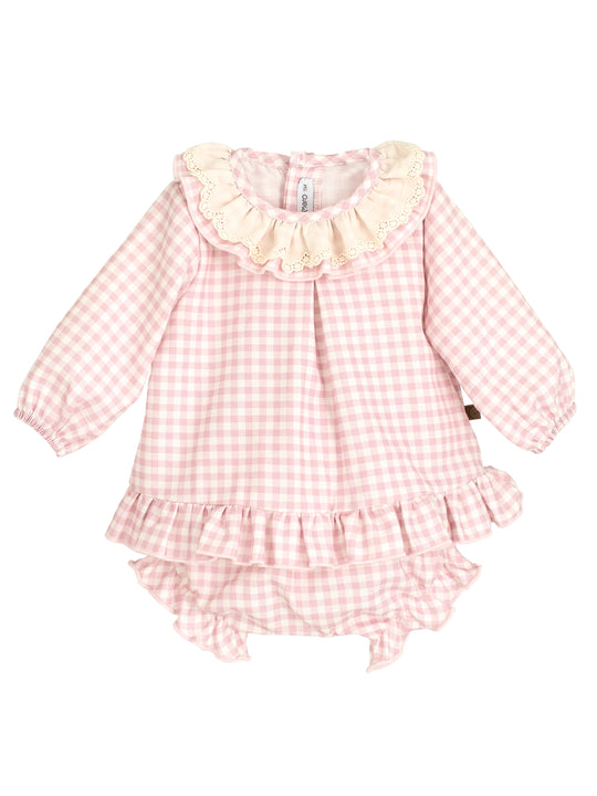 Calamaro baby pink checked dress set