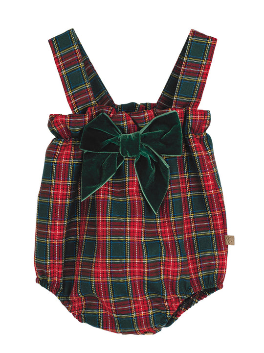 Calamaro Tartan Bottle Green Velvet Bow Romper