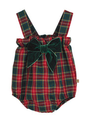 Calamaro Tartan Bottle Green Velvet Bow Romper