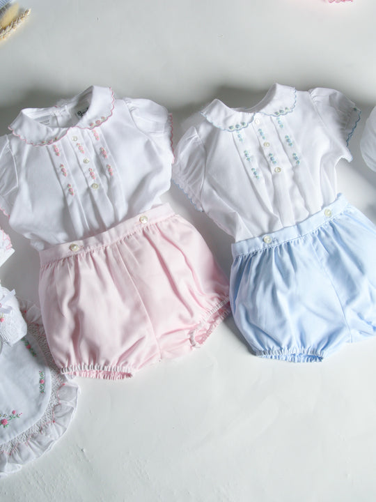 Sarah Louise Rosebud Pink Embroidered Bloomer & Blouse Set