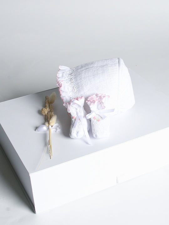 Sarah Louise Rosebud white & pink smocked bonnet