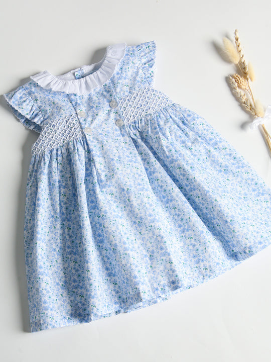 Sardon Blue Ditsy Floral Print Smocked Dress