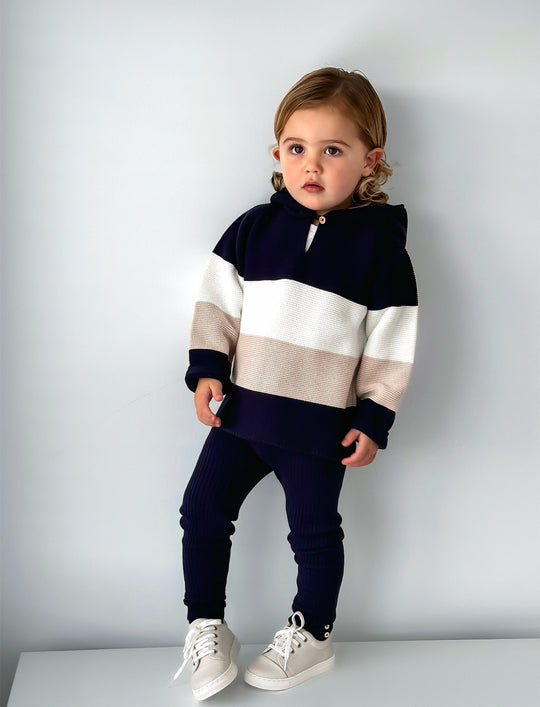 'Henri' navy & beige hoodie & trouser knitted suit