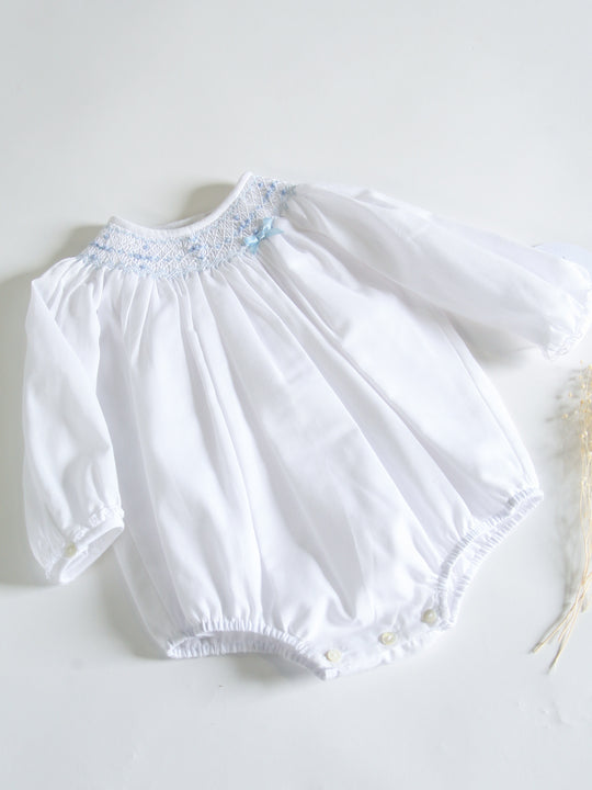 Sarah Louise Rosebud white & Blue Smocked Bubble Romper