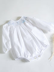 Sarah Louise Rosebud white & Blue Smocked Bubble Romper