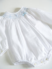 Sarah Louise Rosebud white & Blue Smocked Bubble Romper