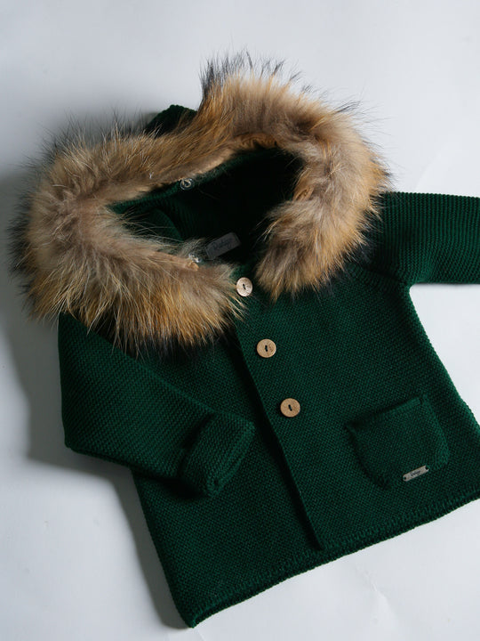 Rahigo bottle green knitted cardigan with fur hood