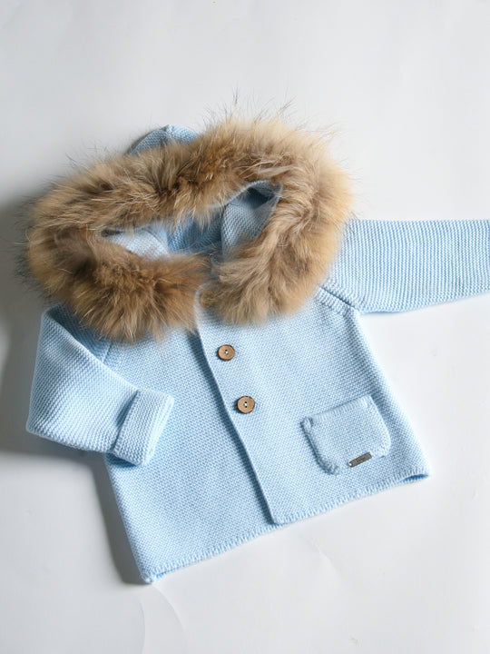 Rahigo baby blue knitted cardigan with fur hood