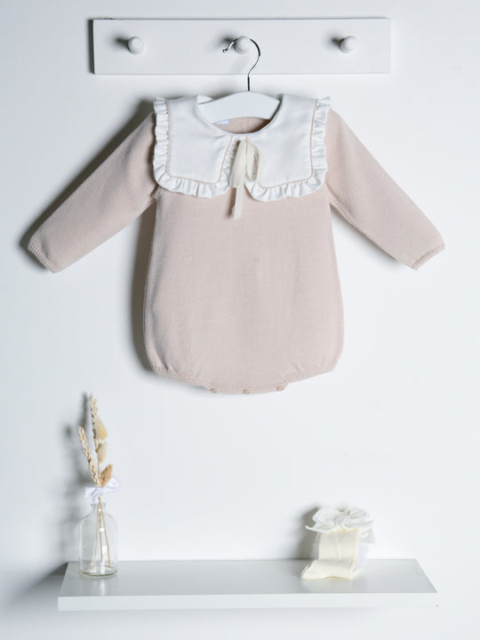 Baby Mabel beige knitted romper with bib collar