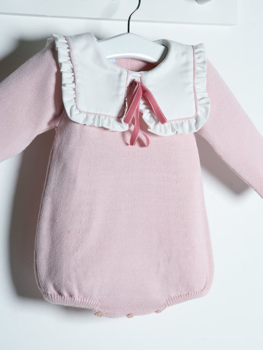 Baby Etta Pink knitted romper with bib collar