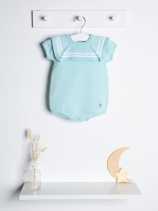 'Beau' mint & white knitted romper with sailor collar