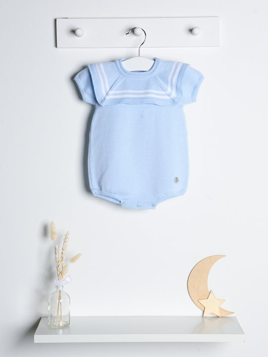 'Jack' blue & white knitted romper with sailor collar