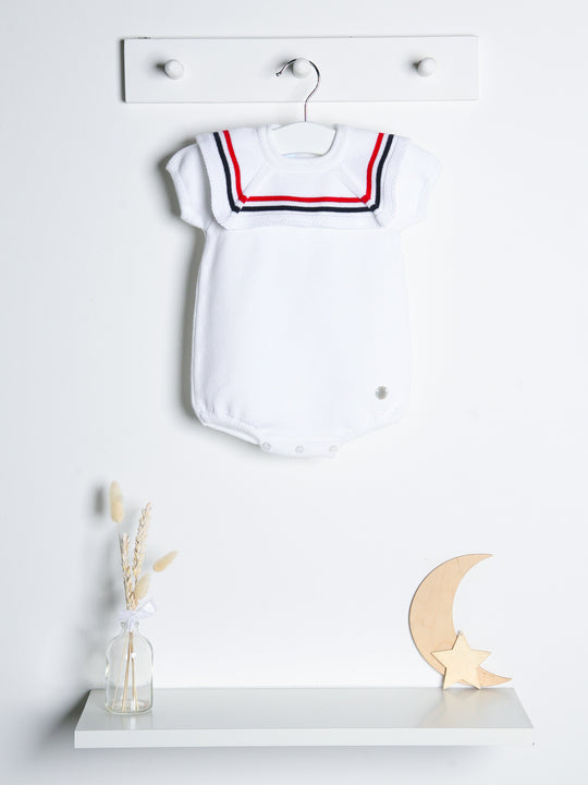 'Joshua' white, red & navy knitted romper with sailor collar