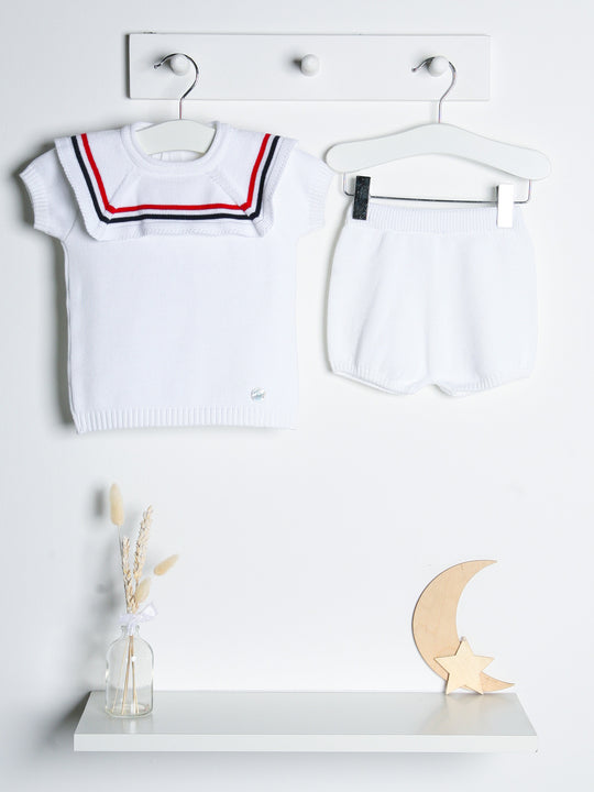 'Oscar' white, navy & red knitted short set with sailor collar