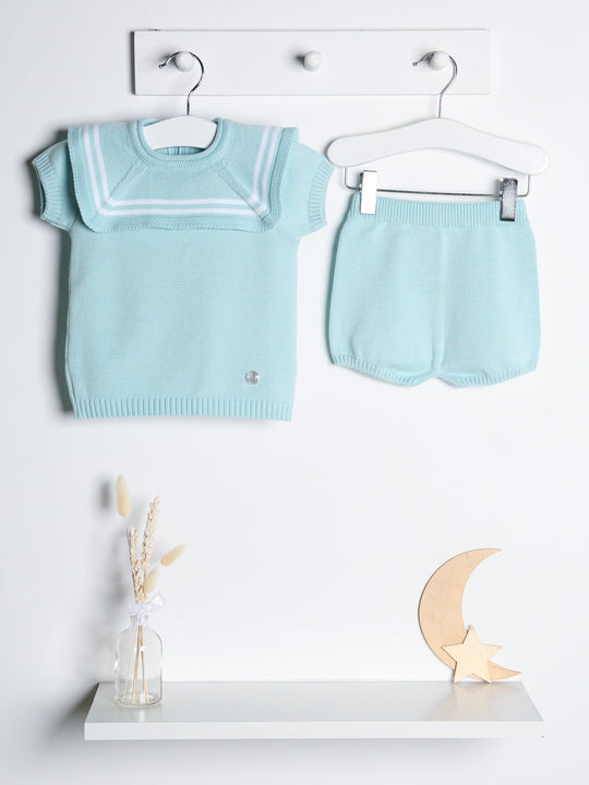 'Freddie' mint & white knitted short set with sailor collar