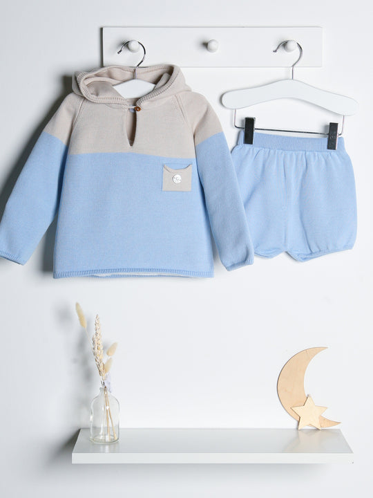 'Felix' Blue & Beige Knitted Hooded Short Set
