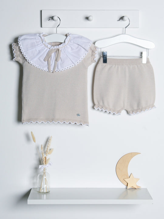 'Emily' beige knitted statement collar short set