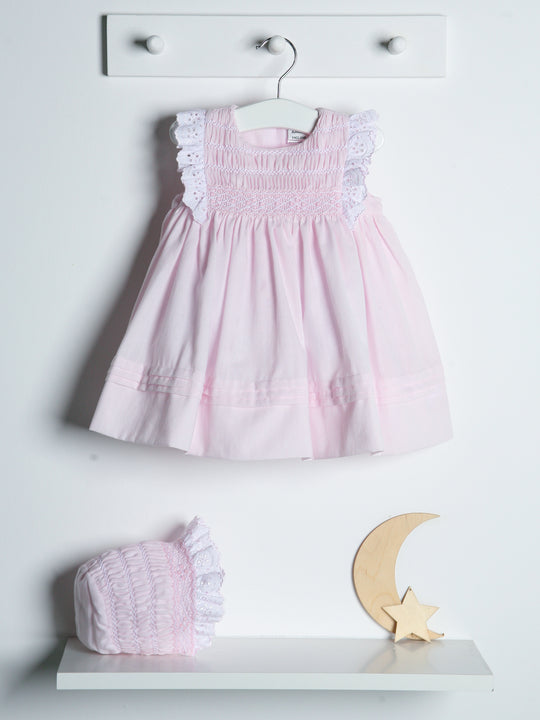 Sarah Louise Pink Handsmocked Dress & Bonnet Set