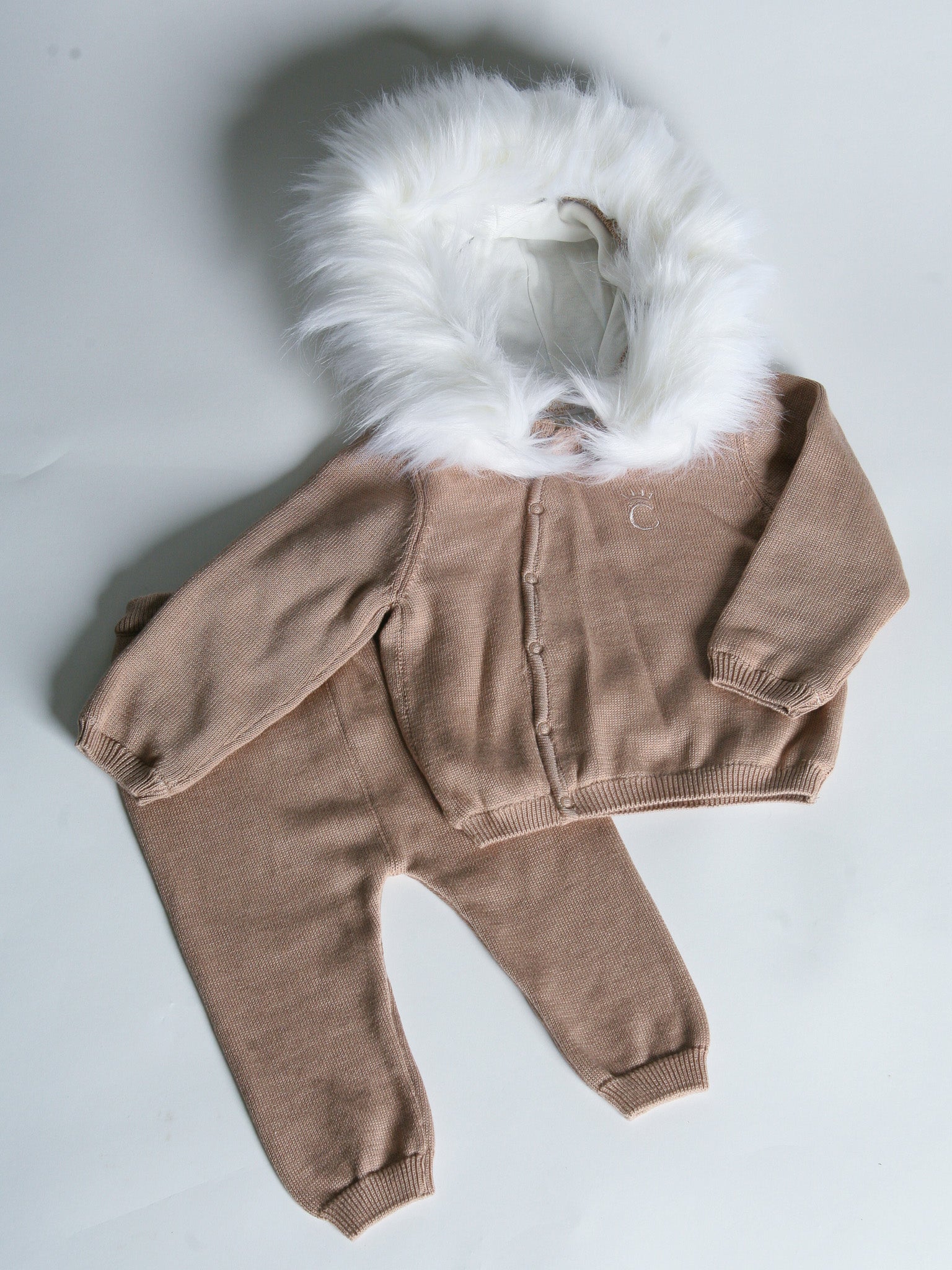 Caramelo Kids Light Brown Knitted Tracksuit with Faux Fur Hood