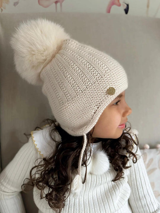 Petite Maison Kids Cream 'London' Fur Pom Aviator Hat