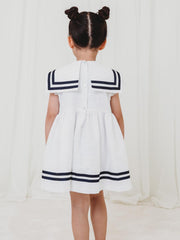 'Edie' white & navy linen mix bow dress