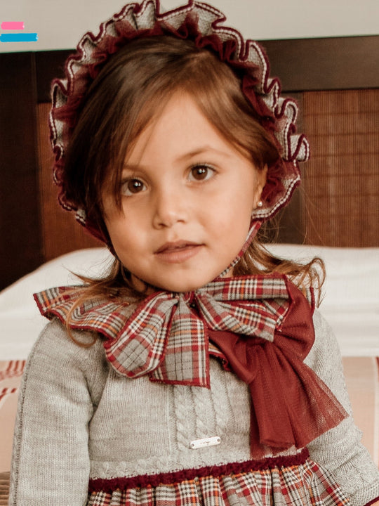 Rahigo Grey & Red Plaid Ruffle Knitted Bonnet