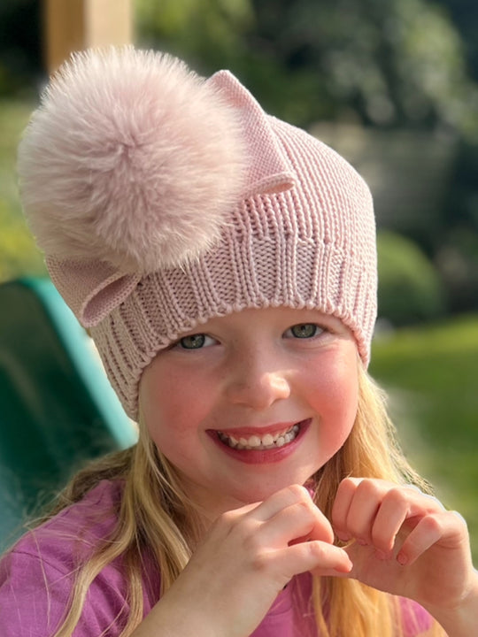 Catya Dusky Pink Marino Wool Hat with Fur Pom & Bow