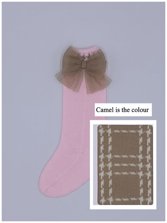 Rahigo Camel Knitted Socks with Tulle Bow