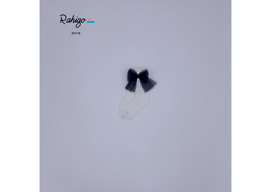 Rahigo White Knit Socks with Navy Tulle Bow
