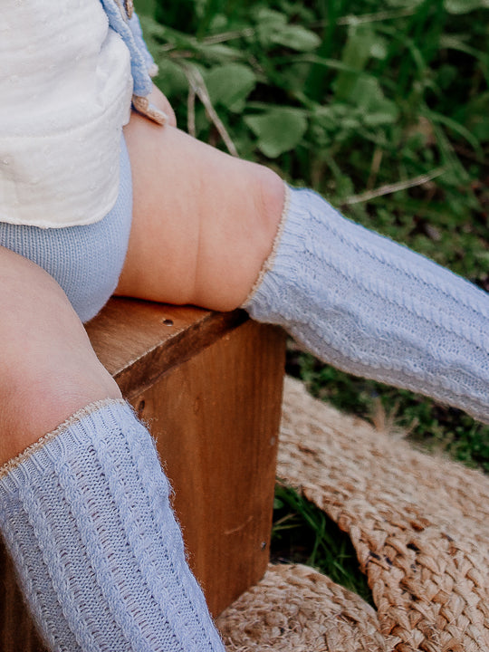 Rahigo Blue Knitted Knee Socks with Camel Trim