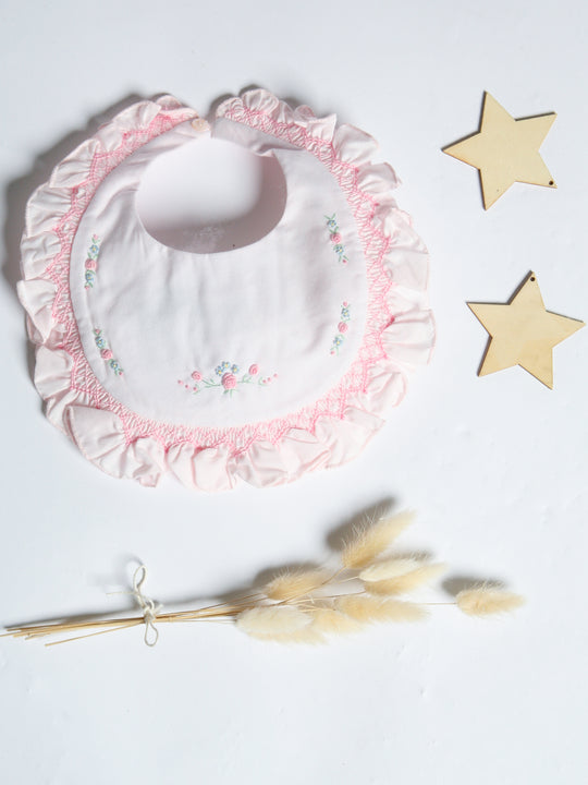 Sarah Louise Rosebud Pink Hand Smocked Bib