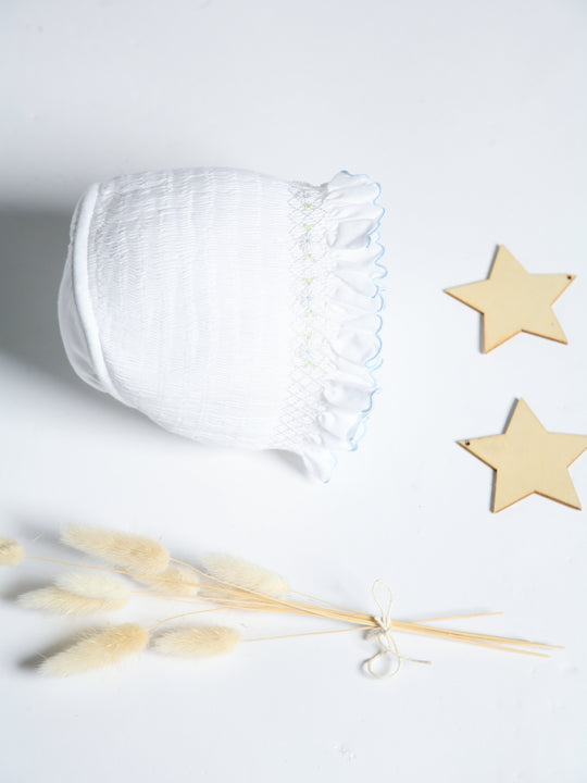 Sarah Louise Rosebud white & blue rosebud smocked bonnet